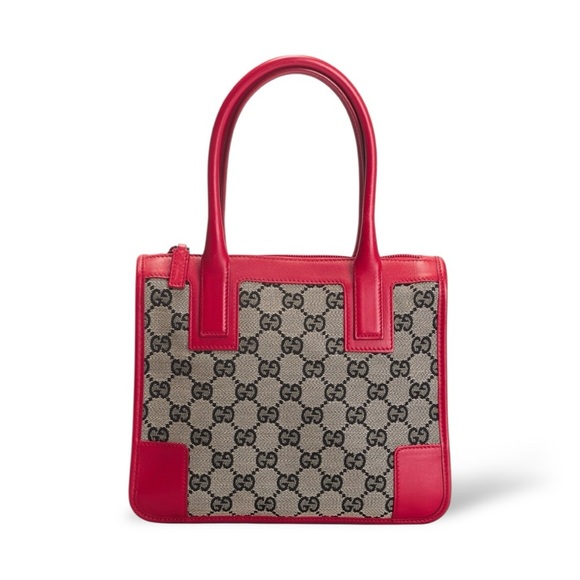 Gucci GG Canvas Tote Bag – Red Leather Trim | Vintage Designer Shoulder Bag - Picture 2 of 10
